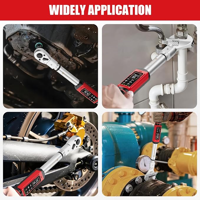 1/2" Adjustable Digital Torque Wrench (1.5-99.6Ft.Lb/2-135N.m) | Interchangeable 14x18mm Head with 42mm Jaw & 1/2" Ratchet, Vibration, Buzzer & LED Flash, for HVAC, Flare Nut & Auto Repair
