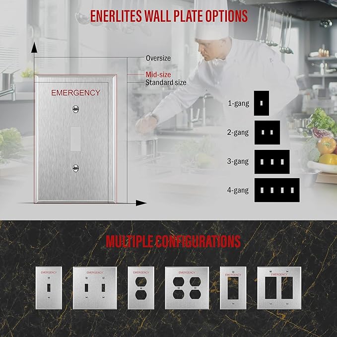 ENERLITES Toggle Light Switch Metal Cover Plate with Emergency Label, Stainless Steel Wall Plate, Corrosion Resistant, Mid-Size 1-Gang 4.88" x 2.11", 430 Stainless Steel, 7711M-E, Silver