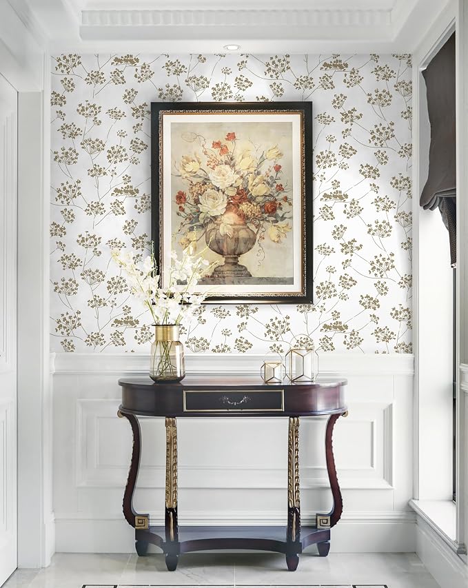 Hopepak 17.3"×197" Peel and Stick Wallpaper Floral Beige Contact Paper for Bathroom Leaf Removable Self Adhesive Wall Paper for Bedroom Modern Wallpaper for Walls Living Room Vinyl