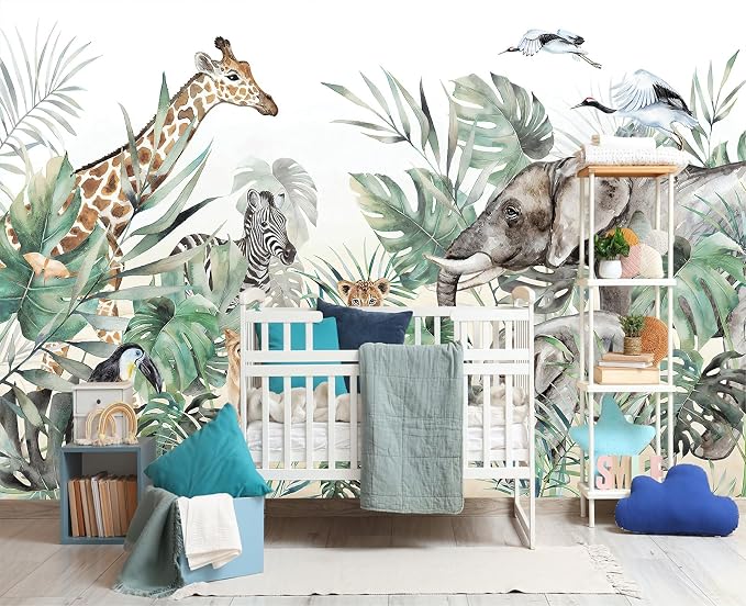 YIHWM-Peel and Stick Animal Wallpaper Tropical Rainforest Zoo Theme Mural | Tear-resistant,with a substantial feel;Will not be damaged during repositioning.Boy's Room,kids room wallpaper.S-80"x58"