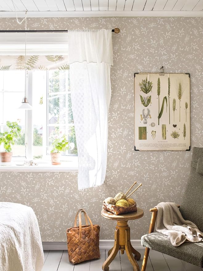 Ismoon Floral Wallpaper Peel and Stick Brown Neutral Contact Paper Wildflowers Leaf Stick on Wall Paper Textured Removable Self Adhesive Vinyl Wallpaper for Bedroom Bahtroom Wall Decor 17.3x78.7in