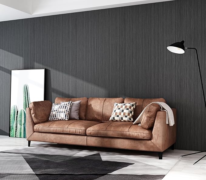 Black Grasscloth Wallpaper Peel and Stick Fabric Linen Textured 24"x394" Classic Faux Grassweave Upgraded Thick Self-Adhesive Neutral Contact Paper Vinyl Film Liner Roll for Home Use