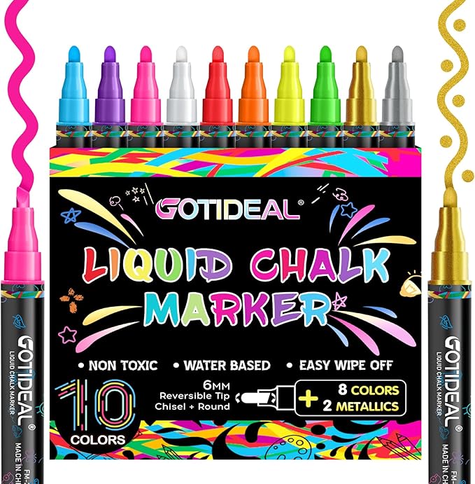 GOTIDEAL Chalk Markers,10 Colors Liquid Chalk Markers for Blackboard,Erasable Chalk Board Pens,Window markers for Glass Washable,Car,Glass,Calendar,Sign,Menu Diy Painting(6 mm Bold&Chisel Tip)