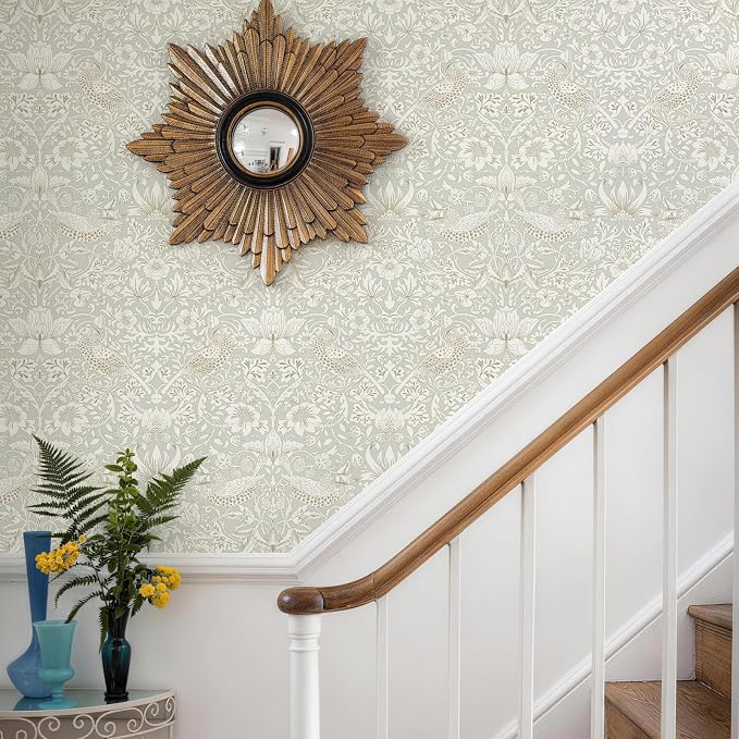 HueBurst William Morris Vintage Peel and Stick Wallpaper 17.7 x 1200in Grey Botanical Self Adhesive Removable Waterproof Contact Paper for Living Room Bedroom Cabinets Drawers Decor