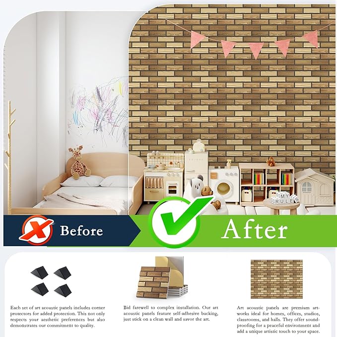 12Pack Acoustic Panels, 12"×12"×0.4" Self-Adhesive 3D Brick Pattern Sound Proof Panels for Walls, High Density Decorative Acoustic Foam for Recording Studios, Offices, Faux Wood Grain Print