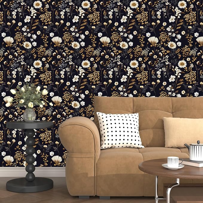 Dark Floral Gold Leaf Vintage Wallpaper Peel and Stick 17.5''x118'' | Self Adhesive/Removable/Waterproof/Thick Vinyl Contact Paper for Bathroom Bedroom Shelf Cabinet Drawer,Prepasted,Easy Peel