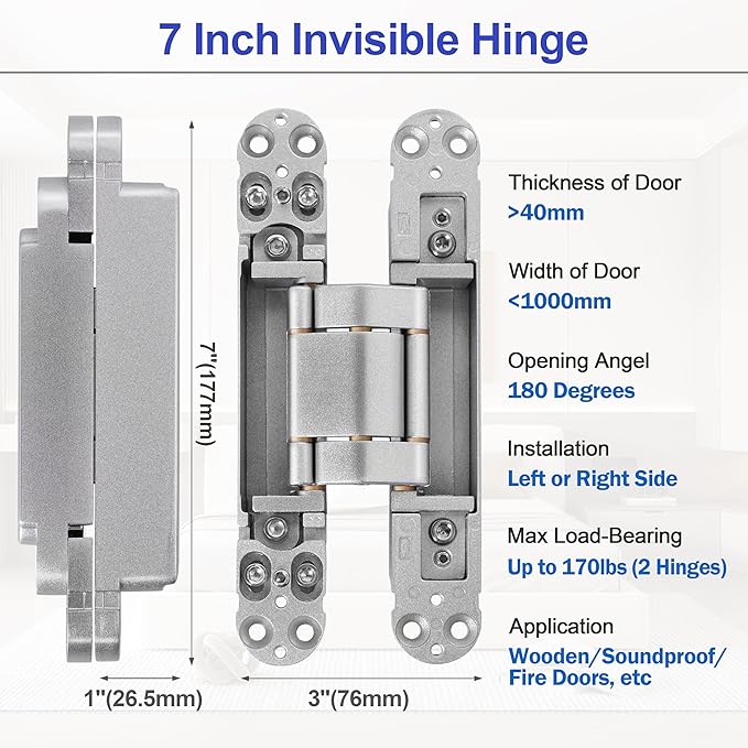 2Kits 7 inch Stainless Steel Hidden Door Hinges -Invisible Hinges for Doors, 180 Degree Swing Concealed Door Hinges, 3 Way Adjustable for Heavy Duty (‎Silver)