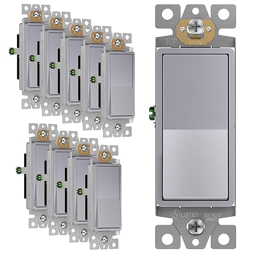 ENERLITES Elite Series Decorator Rocker Light Switch, 15A 120V/277V, Gloss Finish, Single Pole, 3 Wire, Grounding Screw, Residential Grade, UL Listed, 91150-SV, Silver Color (10 Pack)
