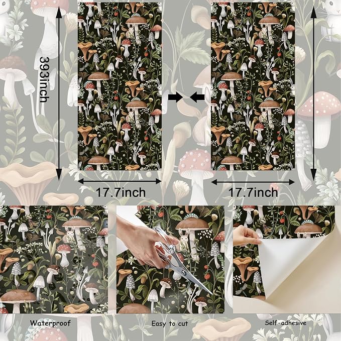 Mushroom Wallpaper Peel and Stick Black Contact Paper 17.7"×393" | Self Adhesive Wallpaper Removable Boho Leaf Forest Contact Paper for Cabinets Kitchen Vintage Wallpapers Waterproof Vinyl