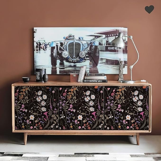 Wallpaper Self-Adhesive Blooming Vintage Colourful Flowers Wall Paper for Bedroom Living Room Cabinet, Peel and Stick Beige Sketch Little Flowers Wallpaper Mural 25.8sq. feet (236.2"x17.3", Black)