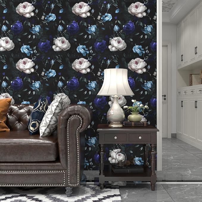 Gothic Dark Blue Rose Floral Wallpaper Peel and Stick 17.5"x118" | Self Adhesive/Removable/Waterproof/Thick Vinyl Vintage Contact Paper for Bathroom Bedroom Shelf Cabinet Drawer,Prepasted