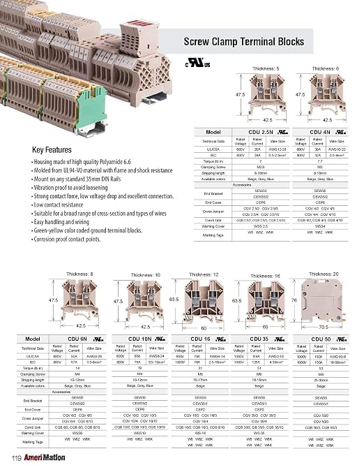 SDU6-B, DIN Rail Terminal Block, Spring clamp, Single Level, Feed Through, L74.5xH40xW8mm, 600V 30A, 10-24 AWG, Blue, 50pcs Bundle