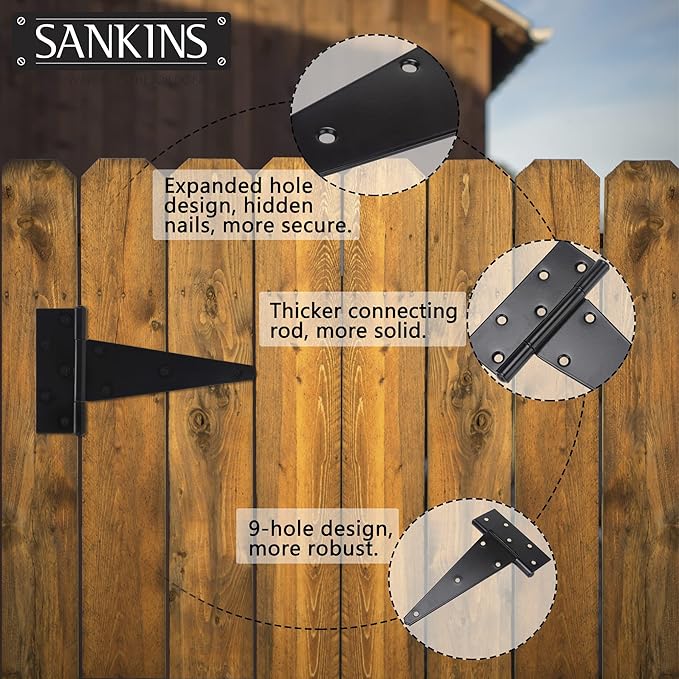10 Inch T-Strap Shed Door Hinges Heavy Duty, Black Tee Hinge for Wooden Fences, Yard Door, Barn Door Gates, Wrought Hardware Rustproof, 4PCS