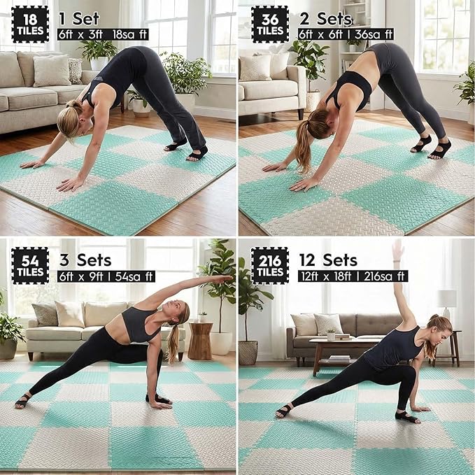 18 Tiles Puzzle Exercise Mat, EVA Interlocking Foam Floor Tiles, Non-Slip, Protective, Water-Resistant Flooring for Home Gym & Workout Equipment, 12.6" x 12.6" x 0.4", 18 Sq Ft