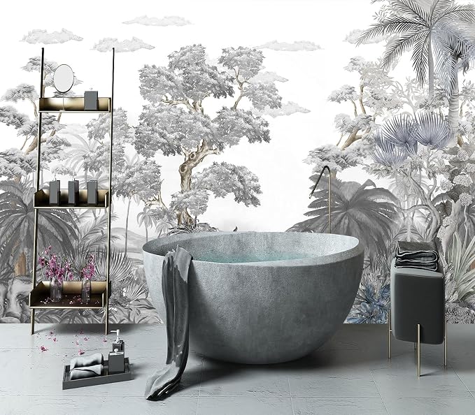 YIHWM-Peel and Stick Tropical Rainforest Wallpaper Grey Jungle Plants Mural | Tear-resistant,with a substantial feel;Will not be damaged during repositioning.Bathroom,Bedroom wallpaper.L-137"x96"