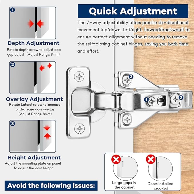 60 Pack 1/2'' Overlay Face Frame Soft Close Hidden Cabinet Hinges, 105 Degree 3D Adjustable Clip On Plate Concealed Kitchen Cupboard Door Hinges with Screws