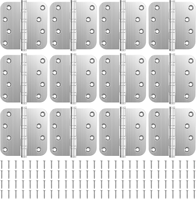 KOLET Ball Bearing Door Hinges, 4 x 4 Inches Exterior Door Hinges, 5/8'' Radius Corner Hinges, Heavy Duty Stainless Steel, Smooth and Quiet, Non Removable Pin, Brushed Nickel, 12 Pack