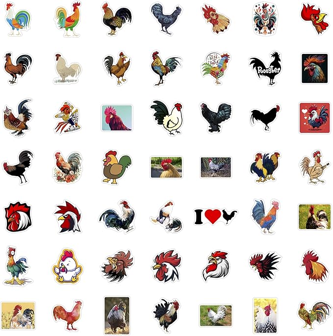 BulbaCraft 100Pcs Rooster Stickers for Water Bottle and Laptop - Rooster Party Supplies & Decorations, Waterproof Vinyl Decals, Cute Animal and Farm Stickers, Gifts for Women & Men