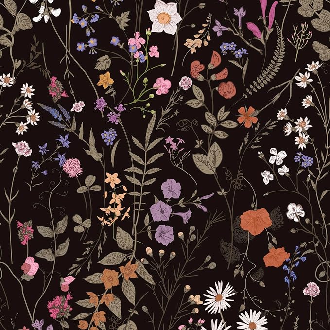 JiffDiff Floral Wallpaper Peel and Stick- 1181" x 17.3" Farm Wildwood Self Adhesive Wall Paper Daisy Flower Contact Paper Dark Floral Stick On Wallpaper