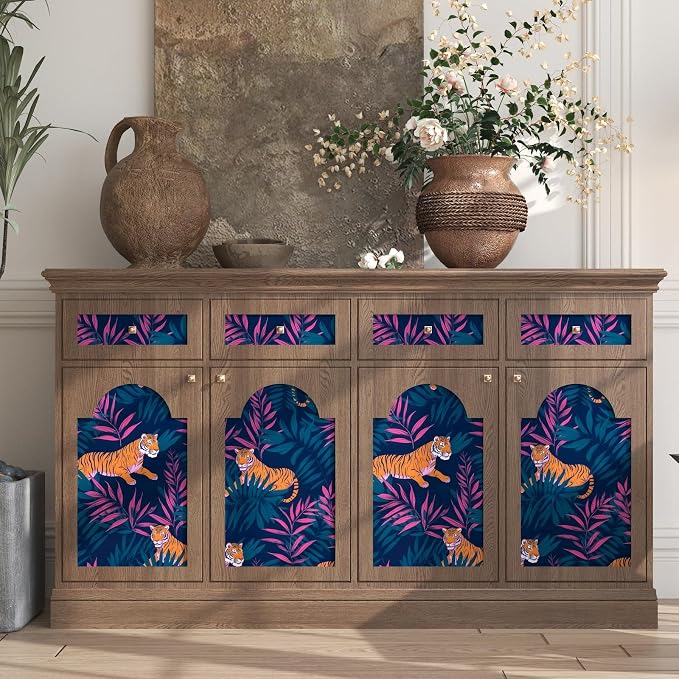 Dark Blue Vintage Tiger Peel and Stick Wallpaper 17.5" x 118" | Waterproof Vinyl Self Adhesive Removable Renter Friendly Floral Contact Paper