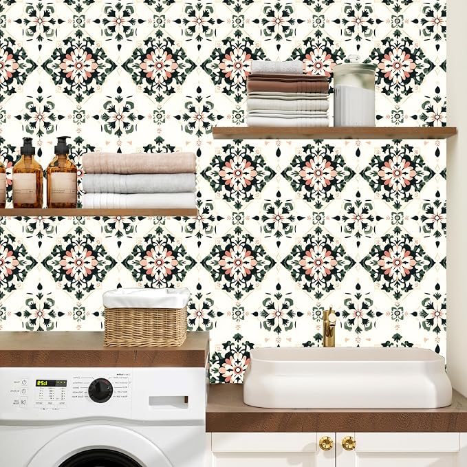 BOKEBEVE Boho Floral Peel and Stick Wallpaper Beige Green 17.5 x 118In | Symmetry Contact Paper Modern Wall Paper for Bedroom Accent Walls Laundry Nursery Pantry Renter Friendly Removable