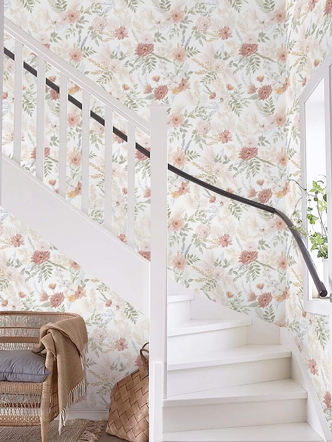 Dimoon Pink Floral Peel and Stick Wallpaper Modern Beige Contact Paper 17.3''x197'' Boho Village Country Cottage Wallpaper Renter Friendly Girls Room Wall Paper for Bathroom Nursery Bedroom Vinyl
