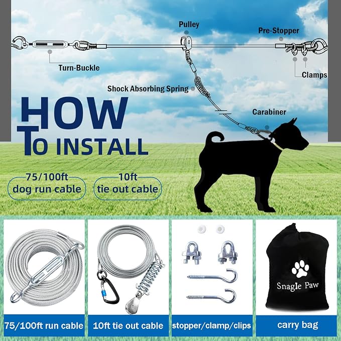 Snagle Paw Dog Tie Out Runner for Yard,Trolley System for Large Dogs, Dog Zipline Aerial Tie Out Cable 75ft with 10ft Pulley Runner Line for Dogs Up to 250lbs for Yard or Camping