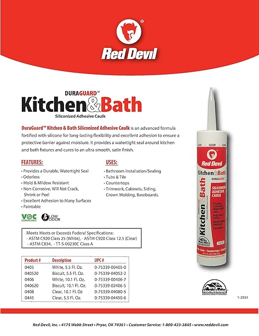 Red Devil 0445 Silicone Acrylic Caulk & Sealant, 100% Waterproof, Paintable, Clear Caulking for Kitchen, Bathroom, Window, With Duraguard, 5.5 oz, Clear, Made in USA