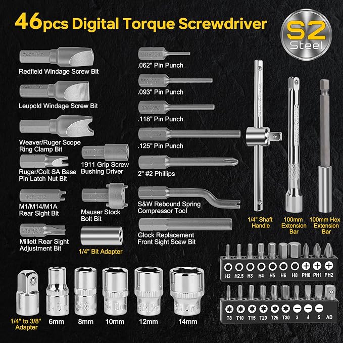 46-Pc Digital Torque Screwdriver, 3.5-70.8 in-lb, ±1% Precision Electronic Torque Screwdriver Set with Buzzer & LED, 1/4" Inch Pound Torque Driver with S2 Bits for Bike Repair & Scope Mounting