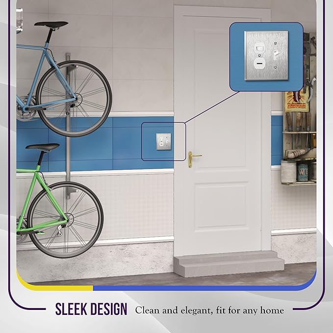 ENERLITES Combination Toggle Light Switch and Duplex Receptacle Outlet Metal Midway Wall Plate, Corrosion Resistant, 2-Gang 4.88" x 4.92", 771121M, 430, UL Listed, Silver, Stainless Steel Mid Size