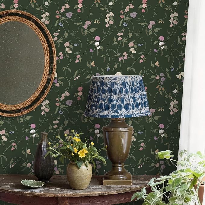 Vintage Wallpaper Peel and Stick Dark Green Floral Wallpaper Leaf Contact Paper Vinyl Waterproof Self Adhesive Boho Botanical Wall Paper for Bedroom Shlef Cabinet Decor 17.3" x 78.7"