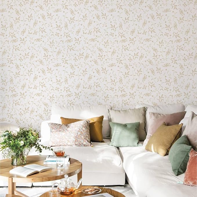 Ismoon Floral Wallpaper Peel and Stick Beige Neutral Contact Paper Wildflowers Leaf Stick on Wall Paper Textured Removable Self Adhesive Vinyl Wallpaper for Bedroom Bahtroom Wall Decor 17.3x78.7in