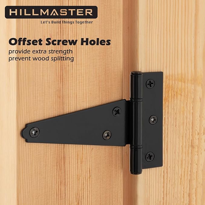 HILLMASTER 4 Inch T-Strap Hinges Shed Window Door Hinges Gate Strap Hinges Heavy Duty Black Tee Hinge Wrought Gate Hardware Post Small T Hinges for Wooden Fences,Shutter,Yard,Barn Door,Outdoor(4 Pack)