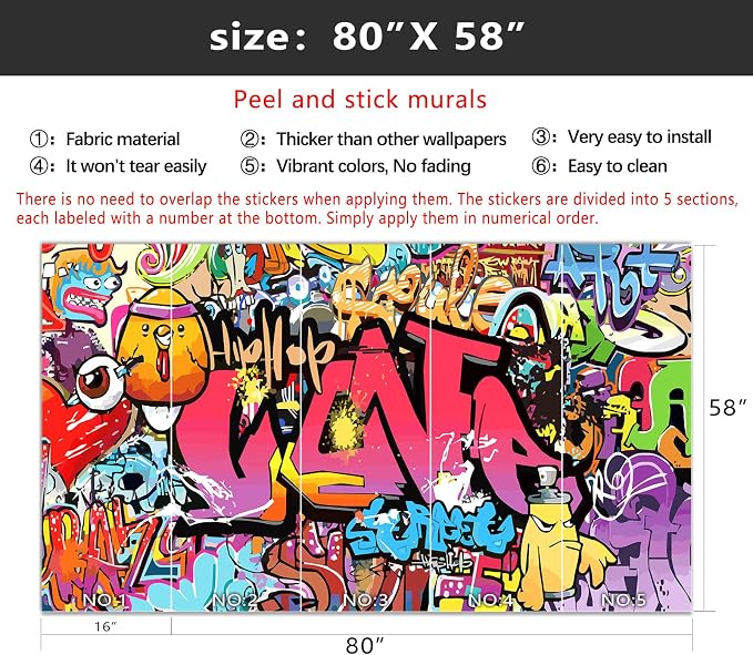YIHWM-Peel and Stick Colorful Graffiti Wallpaper Pink Street Art wall Mural | Tear-resistant,with a substantial feel;Will not be damaged during repositioning.Boy's Room,kids room wallpaper.S-80"x58"