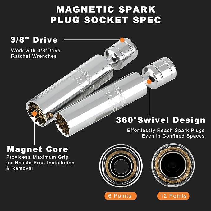 AEROFORCE 14PCS 3/8-Inch Drive Swivel Magnetic Spark Plug Socket Set with 3/8" Torque Wrench (5-45 Lb.ft/6.8-61.2 Nm), Universal Joint & Extension Bar - Durable CR-V Steel for Easy Spark Plug Removal
