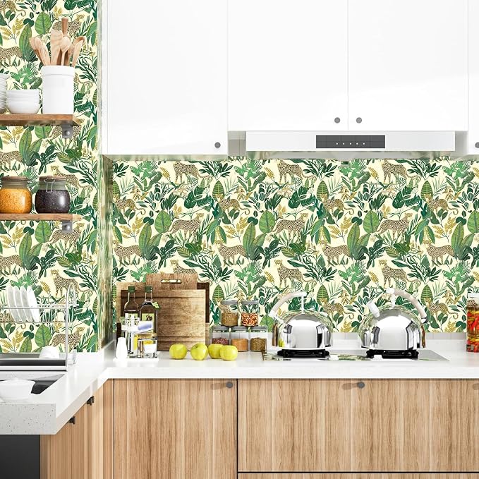 Yellow Vintage Leopard Peel and Stick Wallpaper 17.5" x 393" | Waterproof Vinyl Self Adhesive Removable Renter Friendly Floral Contact Paper
