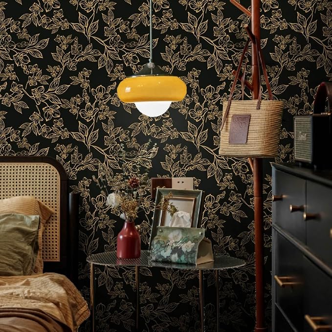 Ismoon Floral Peel and Stick Wallpaper Vintage Black and Gold Contact Paper Dark Stick on Wallaper Removable Self Adhesive Wall Paper for Cabinets Shelf Drawer Bedroom Vinyl Roll 17.3x196in