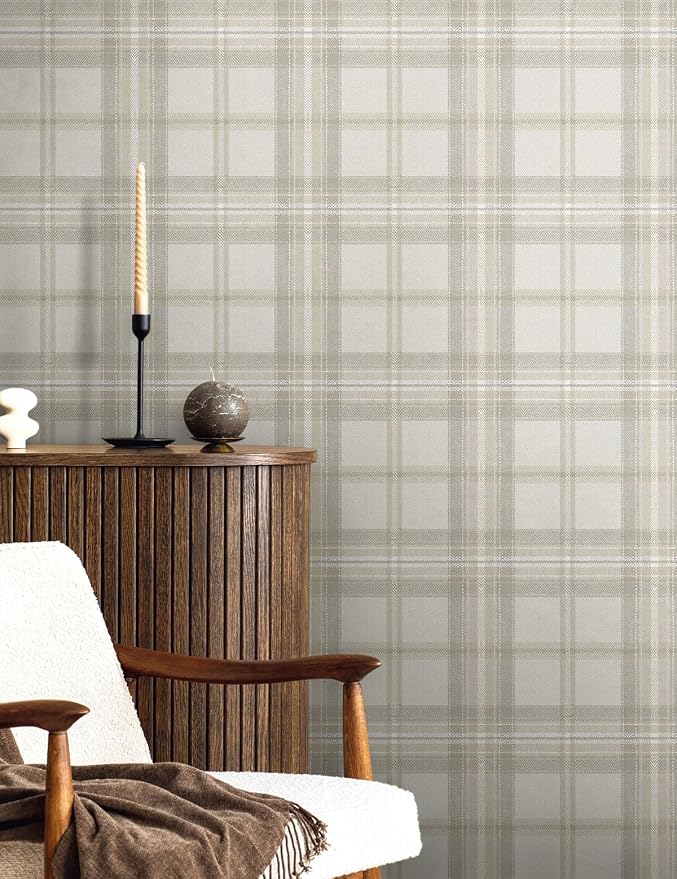 NextWall Harry & Grace Herringbone Plaid Premium Matte Non-Woven Peel and Stick Wallpaper (Frosted Calcutta)