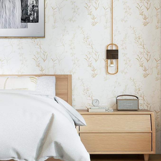 Timeet Botanical Floral Peel and Stick Wallpaper Beige Wildflower Self Adhesive Wall Paper Removable Plant Vine Wallpaper Contact Paper for Living Room Bedroom Accent Decor 17.7" x 197"