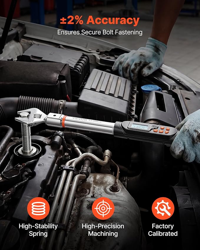 VEVOR Torque Wrench 0-1.5 in Adjustable Jaw Opening Digital Torque Wrench, Open-End Jaw, 4 Display Units, ±2% Accuracy, LCD Screen, with Buzzer and LED Indicator, for Pipe and Automotive Repair