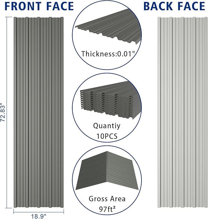 10PCS 97ft² Metal Roofing Panels 72.83”x18.9” Corrugated Metal Sheets Galvanized Exterior Siding Roofing Materials for Outdoor House Garages Sheds Pergola Gazebo Chicken Coop Stables, Gray