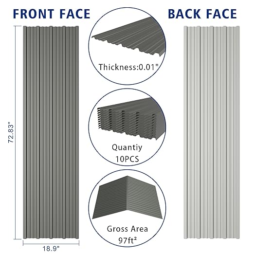 10PCS 97ft² Metal Roofing Panels 72.83"x18.9" Corrugated Metal Sheets Galvanized Exterior Siding Roofing Materials for Outdoor House Garages Sheds Pergola Gazebo Chicken Coop Stables, Grey