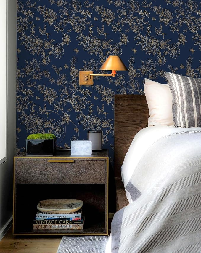 Froluya Dark Blue and Gold Vintage Floral Peel and Stick Wallpaper 17.7"x196.8" Dark Blue Floral Wallpaper Peel and Stick Removable Self Adhesive Wall Paper for Bathroom Bedroom Decorative Vinyl