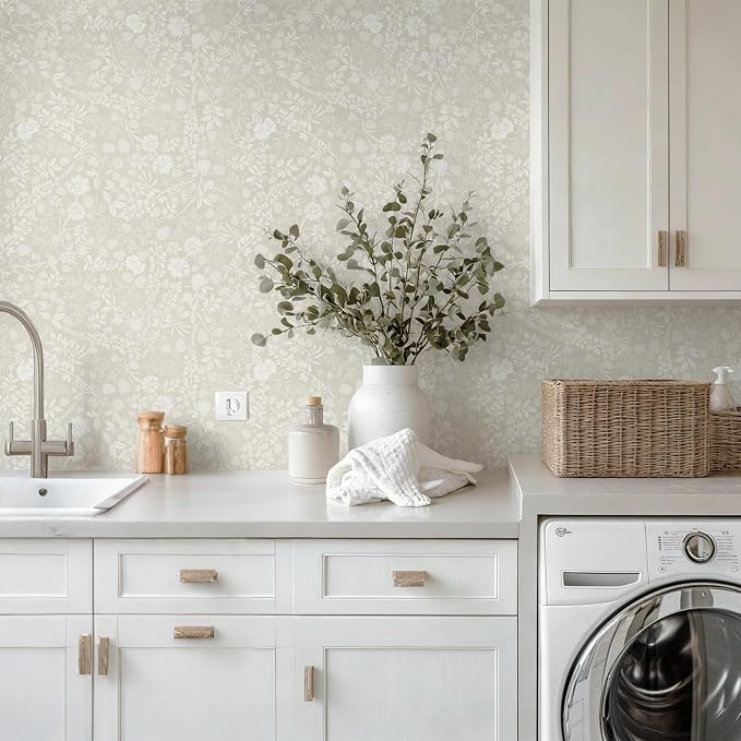 Beige and Cream White Peel and Stick Wallpaper Floral Wallpaper Slef Adhesive Removable Waterproof Contact Paper Boho Wall Paper for Dining Room Bedroom Living Room Bathroom Kitchen 17.3''x78.7''