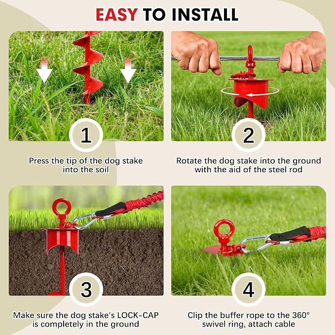 Snagle Paw Dog Tie Out Stake with Lock-Cap up to 360 Lbs,Heavy Duty Dog Stakes for Outside/Yard/Camping with Buffer Spring,360°Swivel Rust Proof Ground Anchor for Dog Cable,Leash,Chain