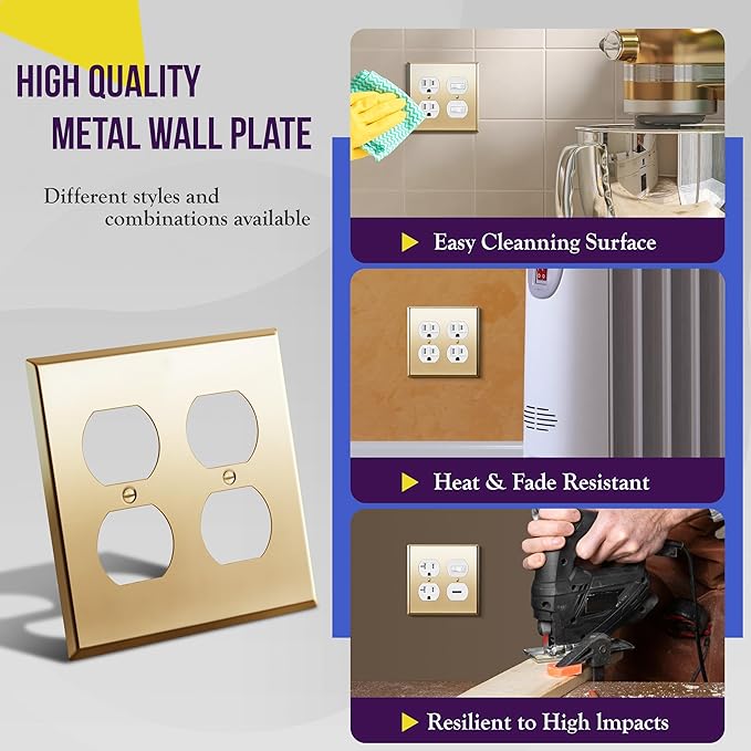 ENERLITES Double Duplex Receptacle Metal Wall Plate, Socket Outlet Switch Cover, Stainless Steel 201, Corrosion Resistant, Size 2-Gang 4.50" x 4.57", 7722-PB, Polished Brass, Gold