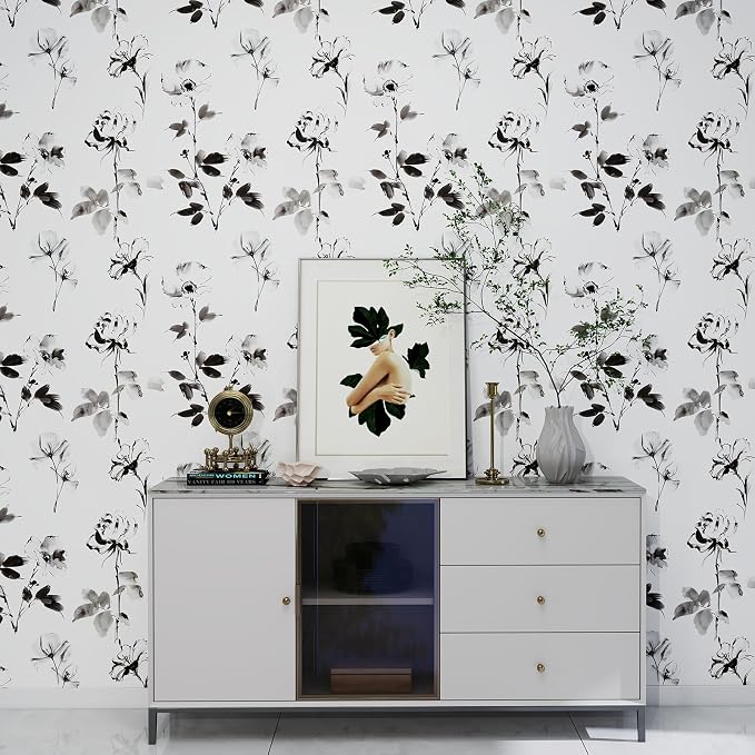 Hopepak Floral Wallpaper Peel and Stick Black and White Flower Peel and Stick Wall Paper Modern Contact Paper Removable Self Adhesive Wallpaper for Bathroom Bedroom Cabinet Decor Vinyl 17.3" x 78.7"