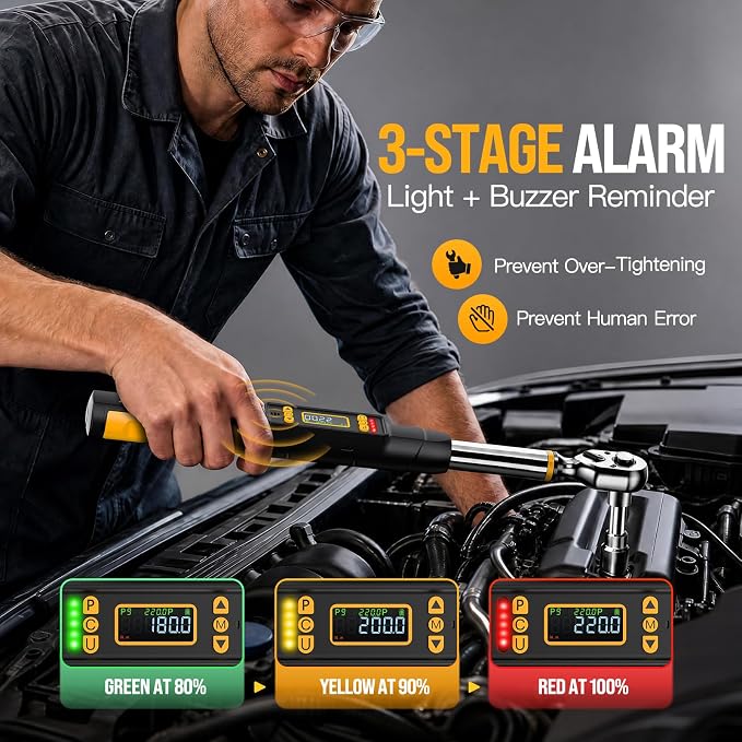 3/8 Digital Torque Wrench Set for Automotive 0-220Nm ±1% Precision | 1/2 1/4 3/8 Drive, LED+Buzzer Alerts, 10 Presets & 400 Data Logs, Preset/Real-Time/Peak/Modes for Car Repair & Maintenance