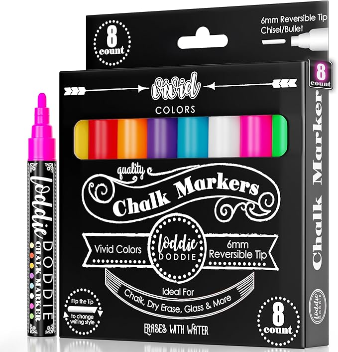 Loddie Doddie Liquid Chalk Markers - 8-Pack, 6mm Dual Tips - Chalk Markers for Blackboard & Chalkboard Paint - Washable Window Pens for Glass - Erasable Pens