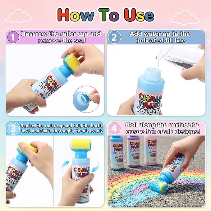 Eaasty 18 Pcs Roller Sidewalk Paint Set Washable Powdered Chalks Mix in Water Paint Rollers 3 Colors Kids Outdoor Art Toy for Driveway Sidewalk Chalkboard